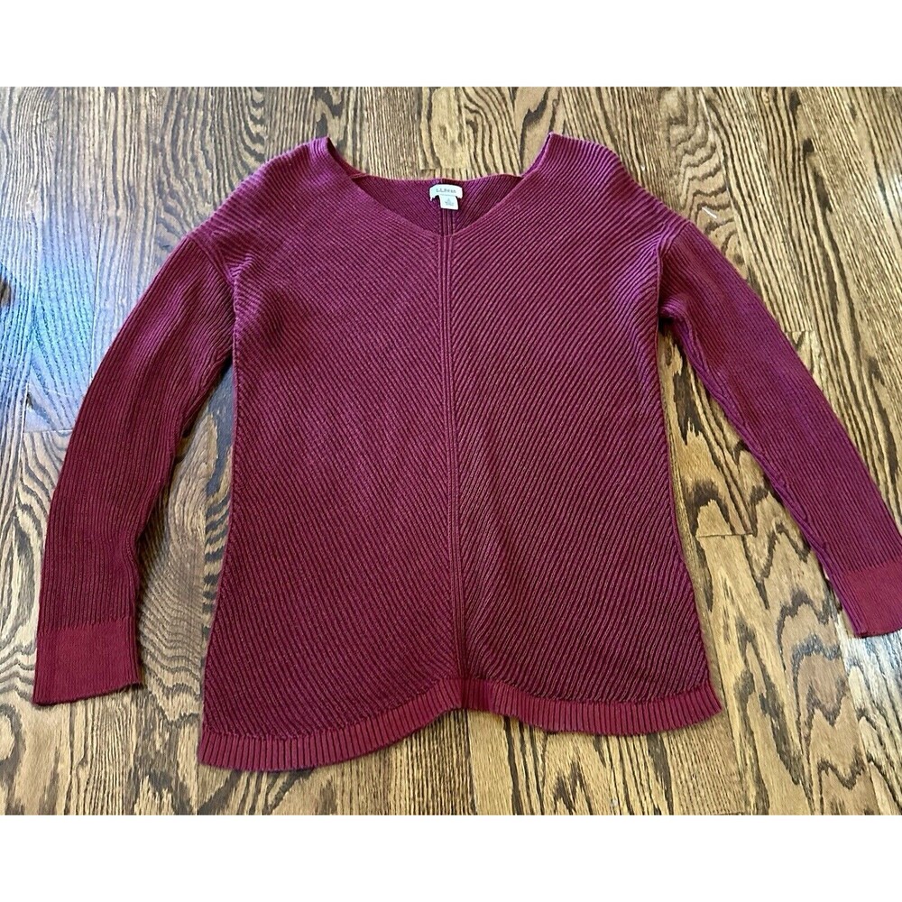 LL Bean Pullover Sweater Womens Sz Small Burgundy Chunky Knit V-Neck Casual EUC